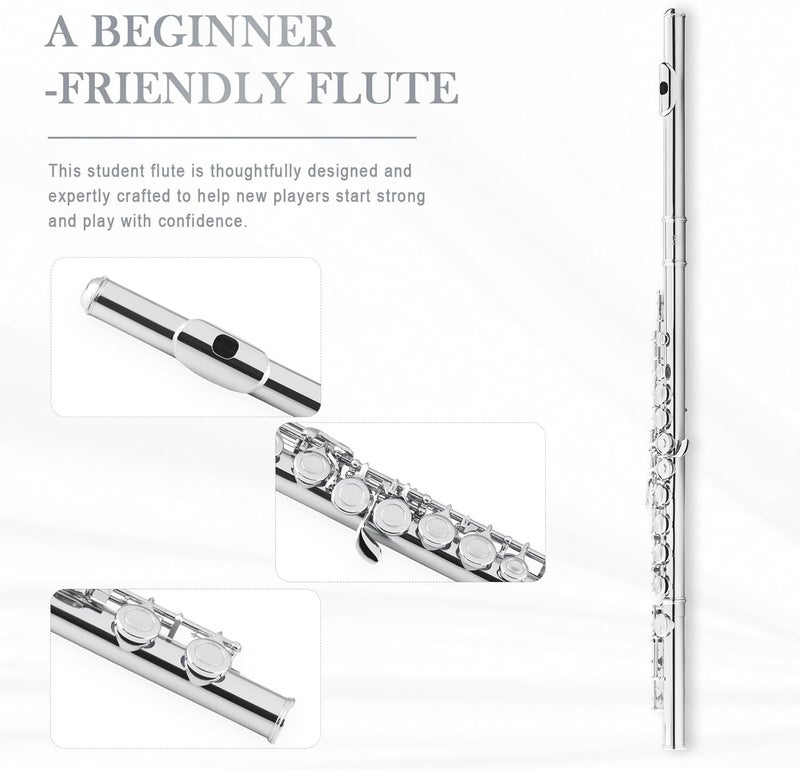 SONICAKE Nickel-plated C Flutes, Closed Hole 16Keys Flute for Beginner Student, Flute Instrument with Cleaning Kit, Carrying Case, Gloves, Tuning Rod, QFL-01 - Image 2